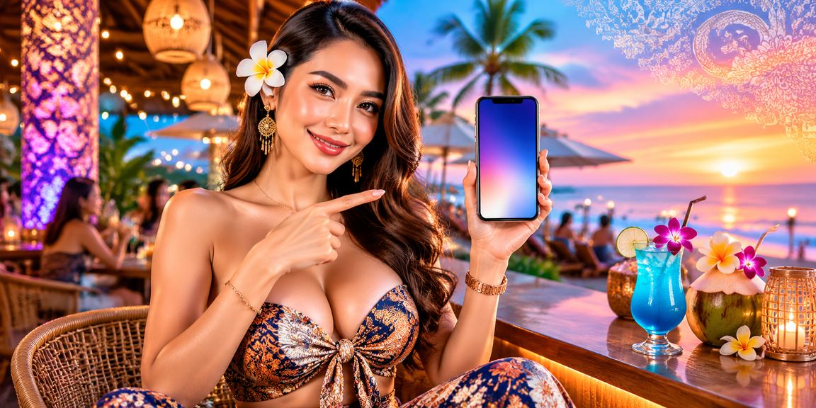 Pengguna memainkan kasino mobile di tepi pantai dengan suasana santai dan cerah